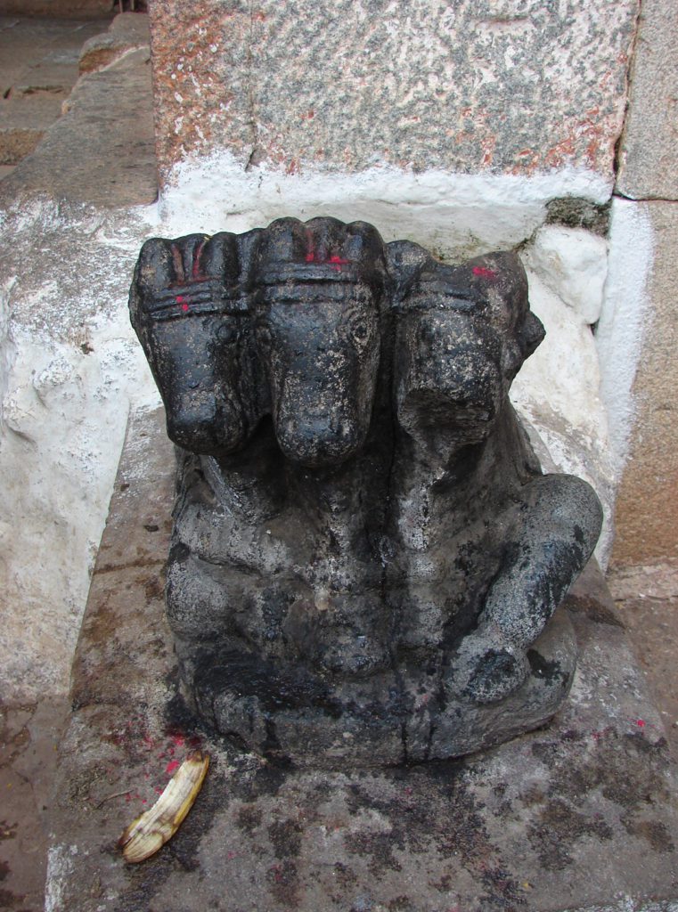 Three-headed Nandi inside Virupaksha temple