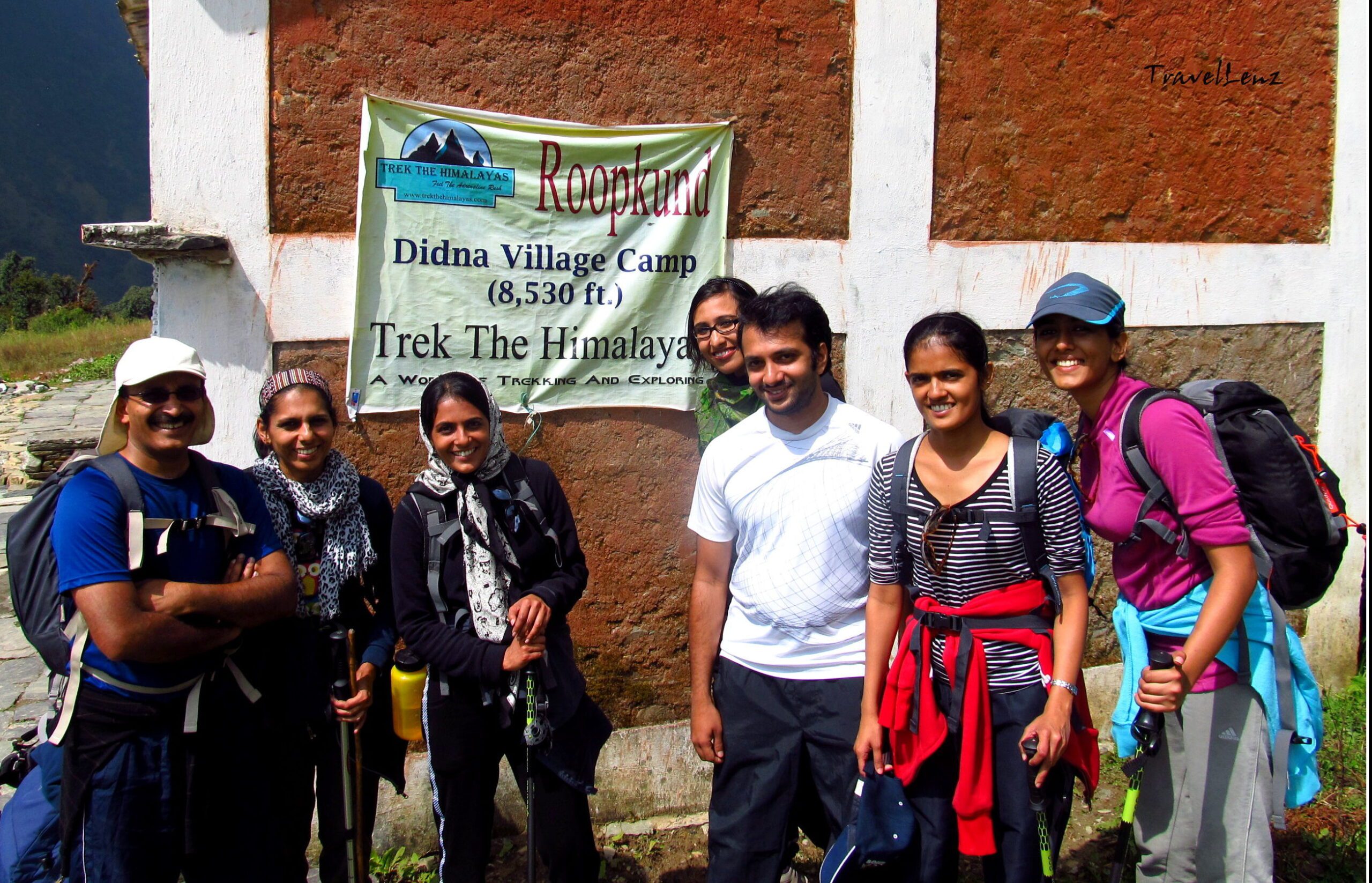 Trekkers posing in front of Didna basecamp