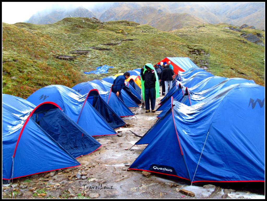 Two rows of blue tents facing each other on a grassland