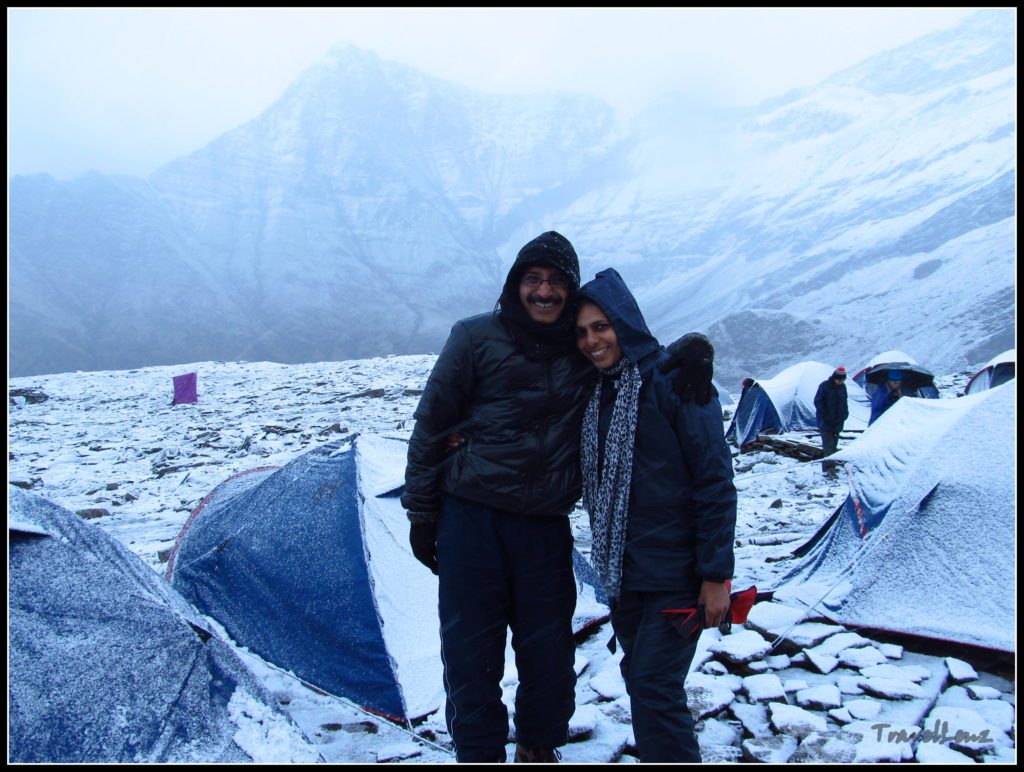 Trekkers posing in a snow storm