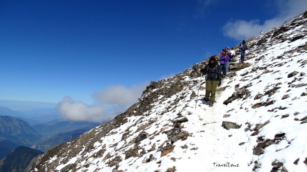 Trekkers walking across snow