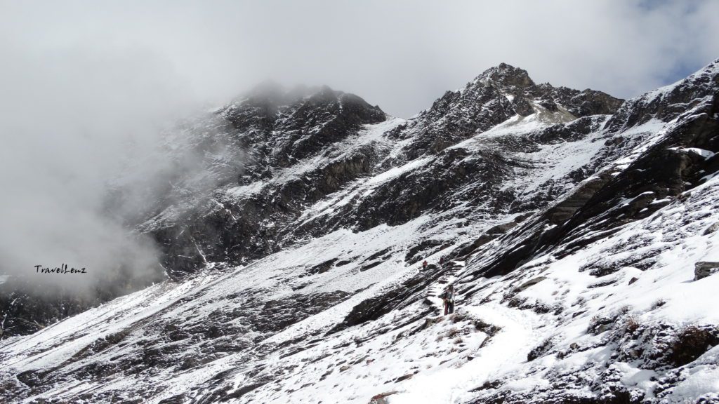 Snowy mountains and the Roopkund Summit far ahead