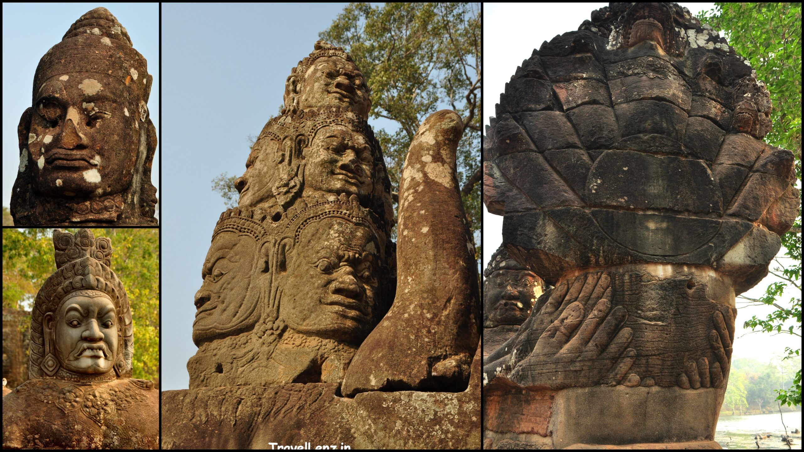 From L to R clockwise - A Deva, a seven-headed asura, the hands of the asuras holding onto the nine-headed Vasuki, an Asura