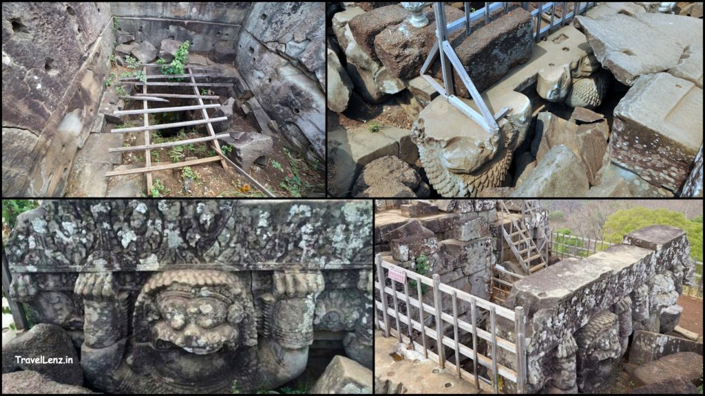 Life-size guardian lions holding up the linga pedestal at Prasat Prang