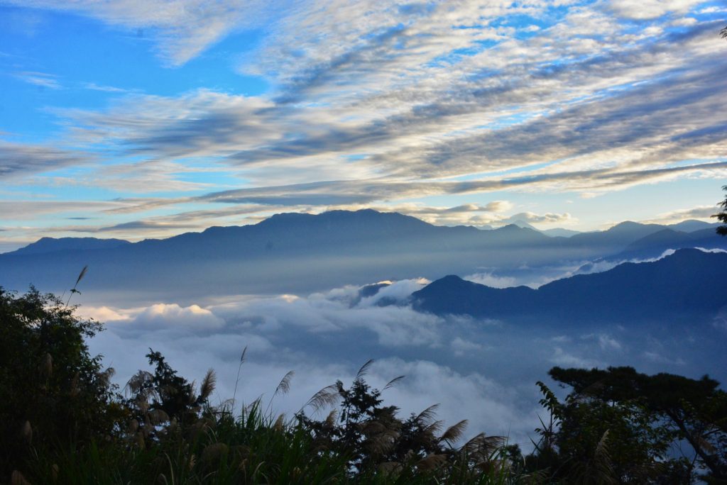 Mountain view with fog and clouds and trees