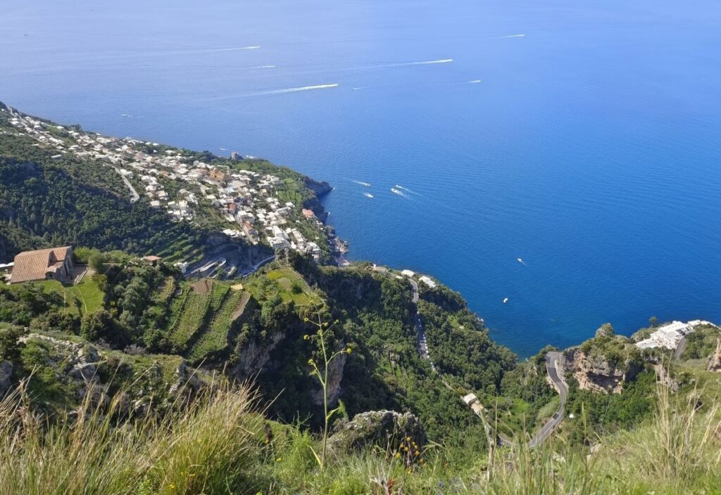 Breathtaking view of the town of Praiano and the Amalfi State Road from the path
